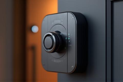 Digital padlock on a door with a security camera nearby.