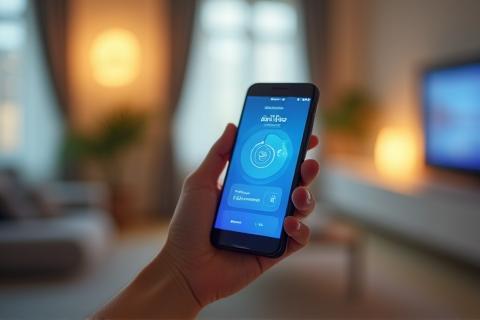 Hand holding a smartphone controlling smart home features.