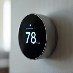 Sleek thermostat displaying climate controls in a modern home.